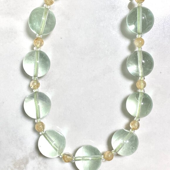 Genuine Green Fluorite & Golden Rutilated Quartz Gemstone Beaded Necklace - Picture 6 of 11
